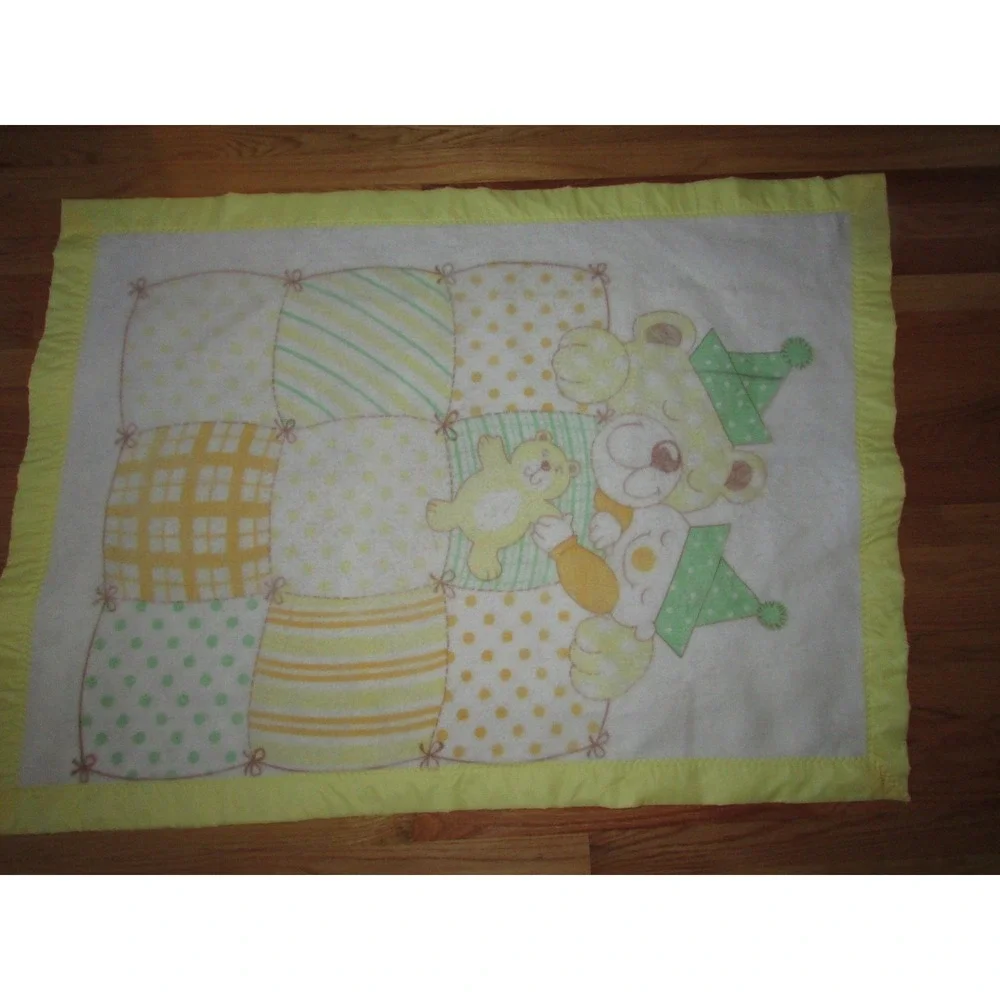 Carters Vintage baby crib blanket yellow‎ trim sleeping bears clown party hats